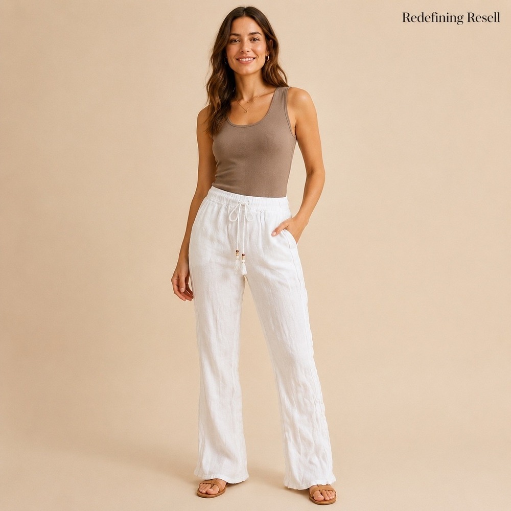Sigrid Olsen Womens White 100% Linen Wide Leg Drawstring Pants Size M 30 Inseam